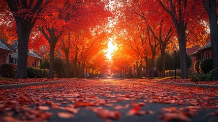 A wide-angle shot of a quaint autumn street lined with trees, their leaves turning red and orange. The ground is covered in fallen leaves, and the setting sun casts long shadows,