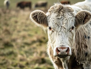 Close-up portrait of a white cow with a pink nose, looking directly at the camera, in a field with other cows in the background.