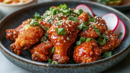Fototapeta premium A plate of spicy Korean fried chicken, coated in a crunchy batter and tossed in a fiery gochujang sauce, served with pickled radishes.