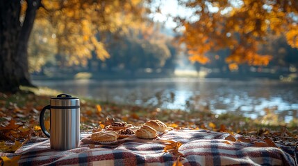 A wide-angle shot of an autumn picnic, set on a plaid blanket surrounded by colorful fallen leaves. The picnic features a thermos of hot cocoa, pastries, and a cozy, inviting atmosphere,