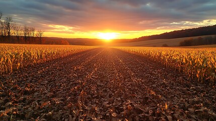 A wide-angle view of a golden cornfield at sunset, with the sun low on the horizon, casting a warm...