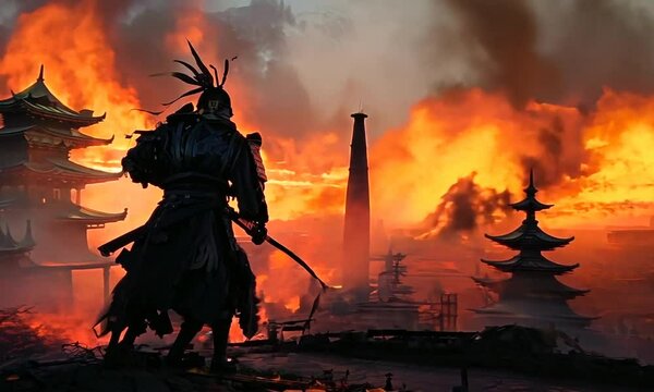 Samurai warrior standing before a burning traditional Japanese temple, with the sky glowing red from the flames. Intense atmosphere, historic battle, destruction, honor, Generative AI