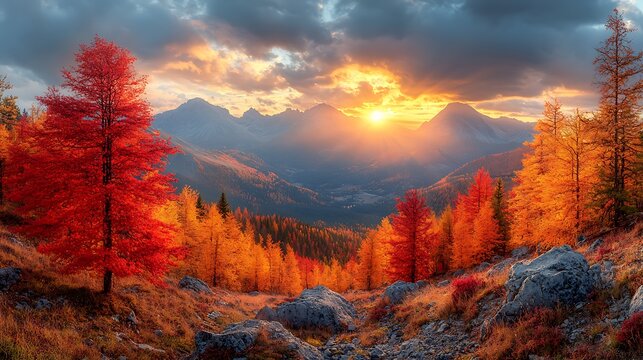 A wide-angle view of a mountain range during autumn, with the foreground filled with vibrant trees in shades of red, orange, and yellow. The mountains rise majestically in the distance,