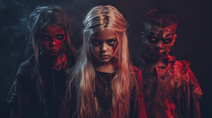 Obraz premium Children in modern cosplay of fantastic fictional movie characters in a Witcher costume for Halloween