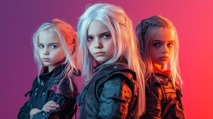 Obraz premium Children in modern cosplay of fantastic fictional movie characters in a Witcher costume for Halloween