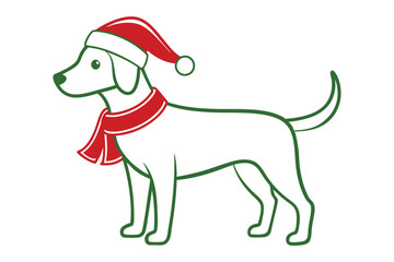 line art Christmas dog wearing hat vector illustration in white background