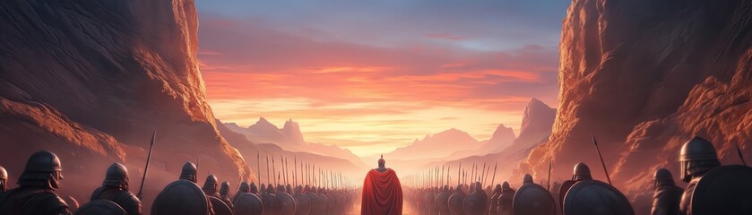 Epic sunset landscape with armored soldiers standing ready for battle in a dramatic valley. A scene of courage and anticipation.