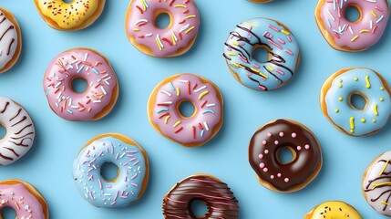 Fototapeta premium Colorful doughnuts on a blue background, top view, flat lay. Pattern of different shades and shapes with icing, sprinkles, and chocolate drizzle