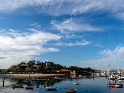 Baiona, Galicia, Spain; August 26, 2024: View of the Monterreal Castle in the town of Baiona from the 12th to 16th centuries. Today Parador Nacional.