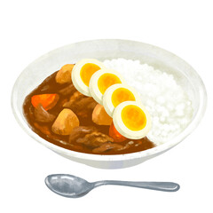 ゆで卵をトッピングしたカレー　カレーライスのイラスト