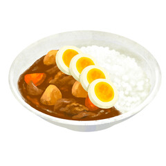 ゆで卵をトッピングしたカレー　カレーライスのイラスト