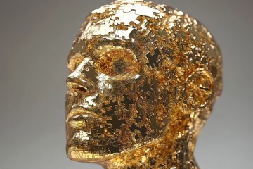 Abstract thinking Intellect A golden head sculpture with fragmented pieces symbolizing the breakdown of thought identity and the fragility of human consciousness