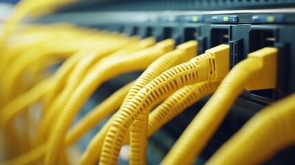Yellow Network Cables in Server Room Close-Up. AI generated illustration.