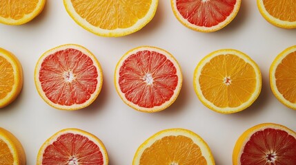 Fresh, juicy oranges and grapefruits sliced in half, showcasing their bright, colorful interiors against a white backdrop.