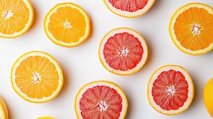 Fresh, juicy oranges and grapefruits sliced in half, showcasing their bright, colorful interiors against a white backdrop.