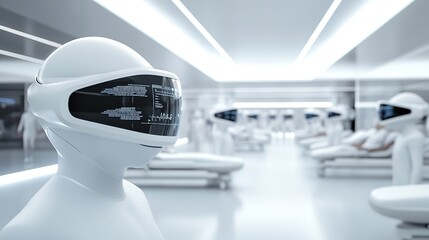 a futuristic hospital ward with patients wearing sleek, white augmented reality glasses and sensors. the glasses and sensors are seamlessly integrated into their attire, displaying real-time health da