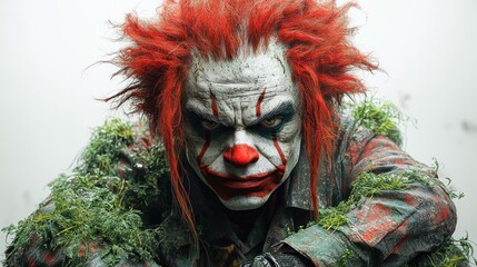 A sinister clown crouches amidst overgrown foliage, evoking a chilling atmosphere