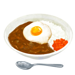 目玉焼きをトッピングしたカレー　カレーライスのイラスト