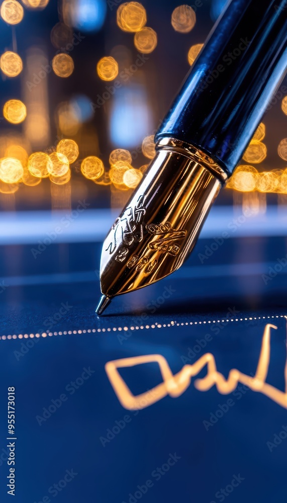 Poster a close-up of a fountain pen writing on a surface, illuminated by soft bokeh lights in the backgroun