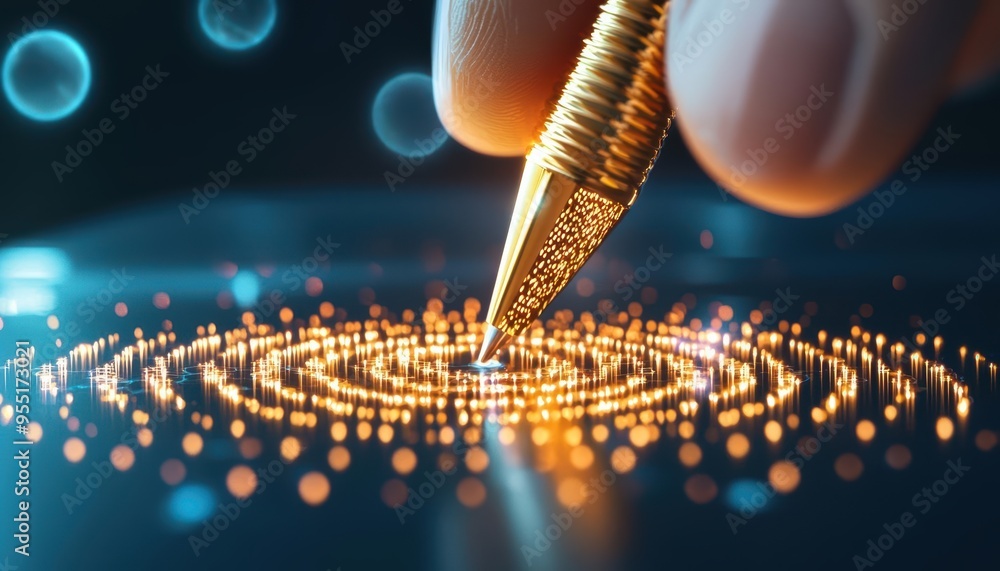 Poster a close-up of a golden pen creating circular patterns on a digital surface, symbolizing creativity a