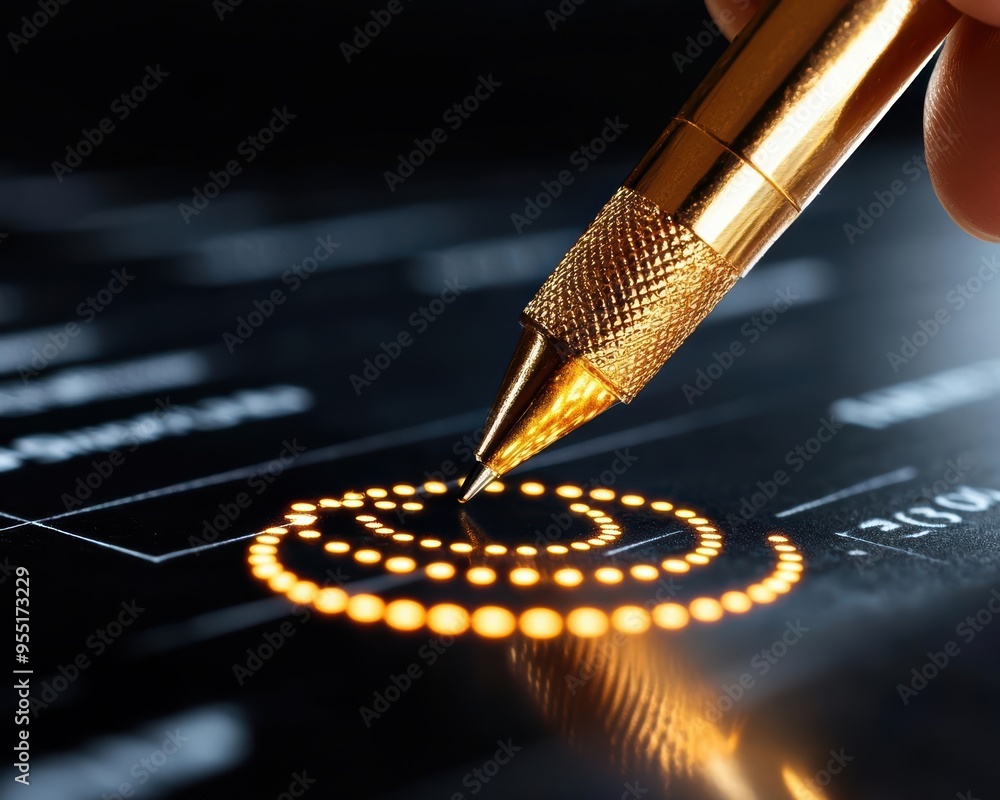 Poster a close-up of a hand using a golden pen to design digital graphics on a touch screen interface with 