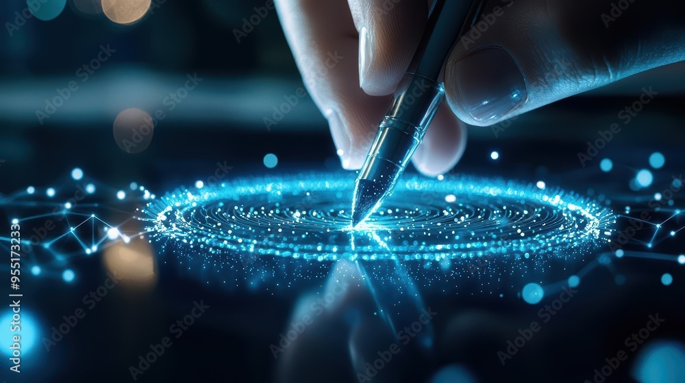 Poster a close-up of a hand using a digital pen to create glowing patterns in a futuristic digital interfac