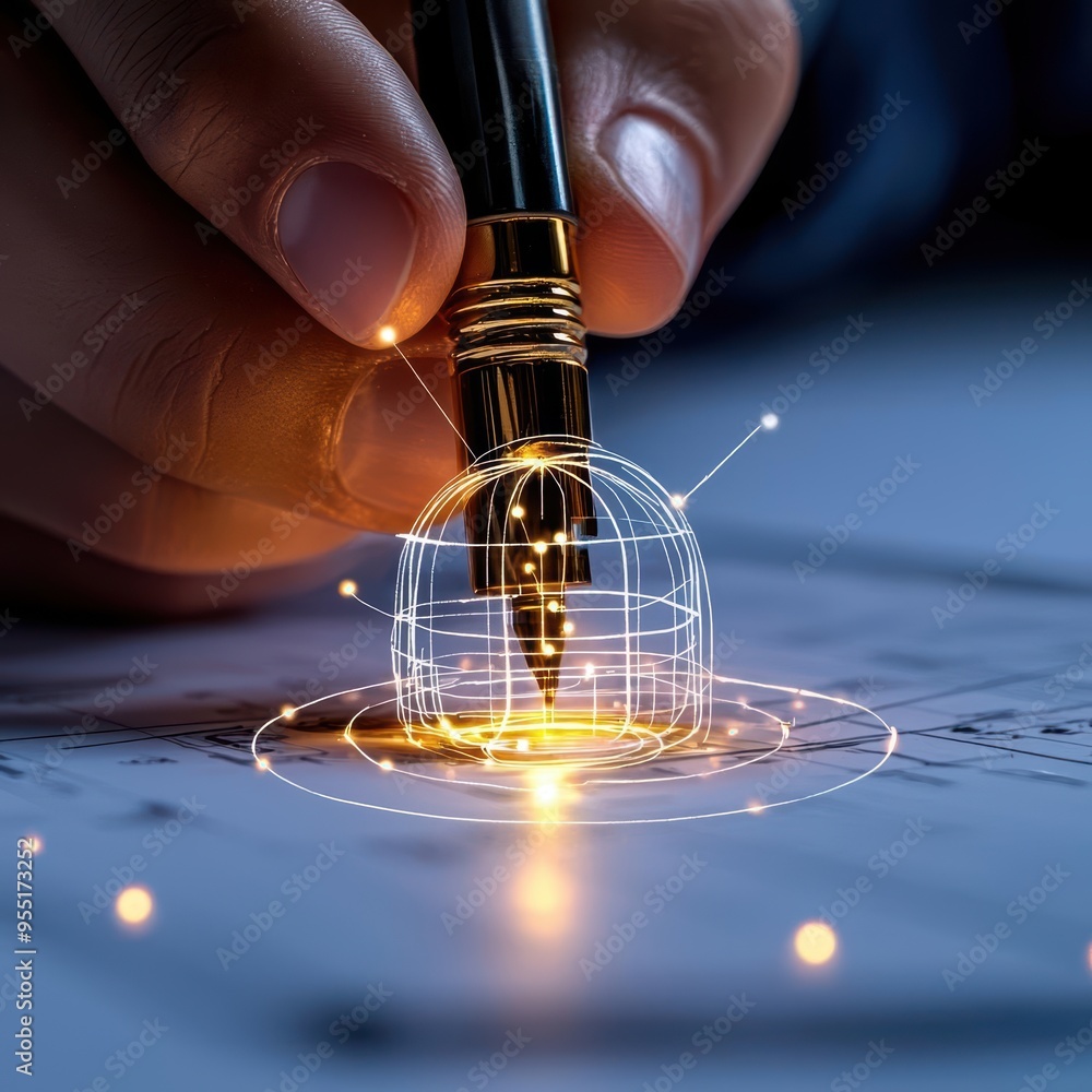 Poster a close-up of a hand using a pen, creating a glowing digital design over paper, symbolizing innovati