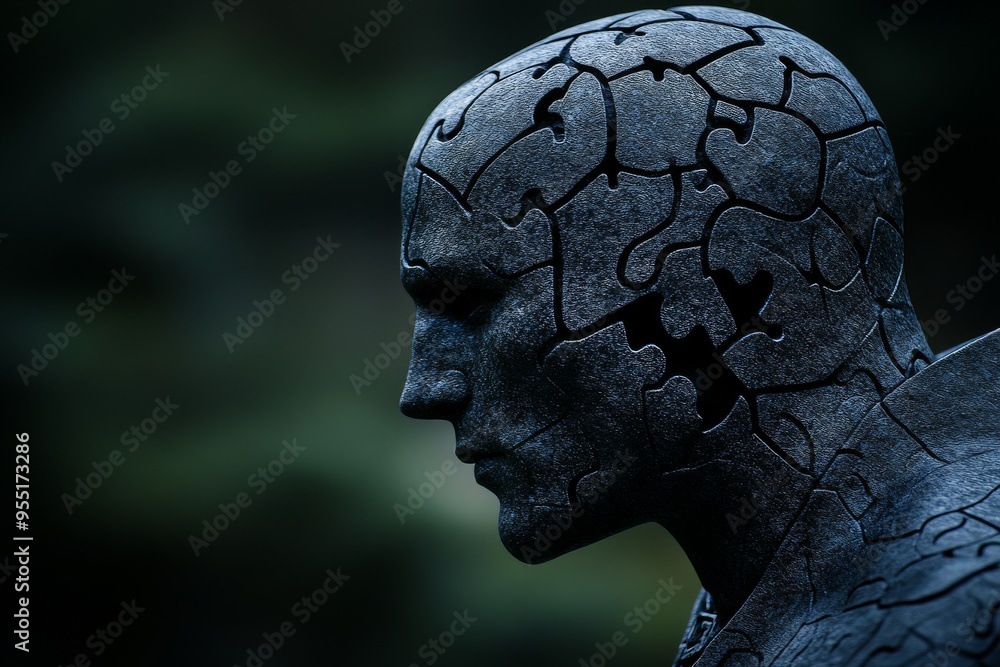 Poster decision theory intellect a man’s head with cracked skin and a digital brain symbolizing the merging