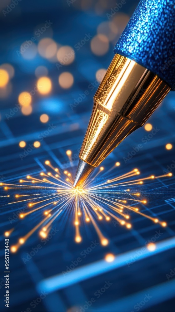 Poster a close-up of a sparkling pen tip creating a burst of light on a digital background, combining creat