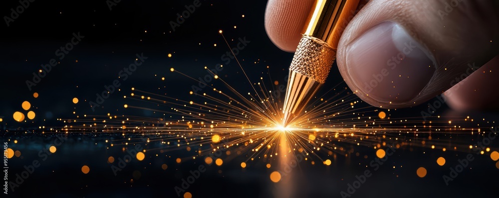 Poster a close-up view of a hand holding a pen, creating a sparkling line on a dark surface, symbolizing cr