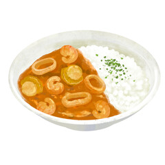 シーフードカレー　カレーライスのイラスト