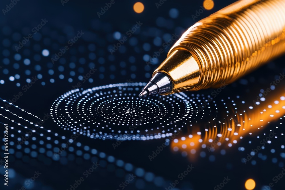 Poster close-up of a golden pen creating a spiral pattern on a dark surface, showcasing elegance and sophis