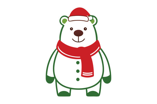 recommend clip art: line art Christmas with  bear with Santa Claus and scarf vector illustration in white background