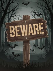 Spooky Halloween Beware Sign in Forest