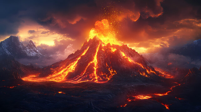Night landscape with volcano and burning lava. volcano eruption, fantasy landscape. 3d illustration. Volcano. Illustration