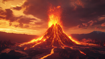 Volcano eruption at sunset, 3d render illustration of volcano eruption. Volcano. Illustration