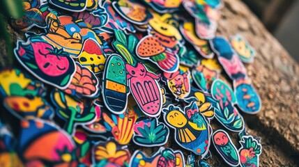 A vibrant collection of playful and colorful stickers is creatively displayed on a textured surface, highlighting their unique designs