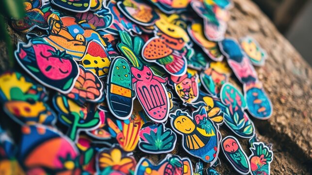 A vibrant collection of playful and colorful stickers is creatively displayed on a textured surface, highlighting their unique designs