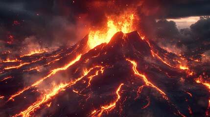 Naklejka premium Volcanic eruption with flowing molten lava, dramatic mountain explosion under dark smoke, glowing orange magma streams on volcanic landscape