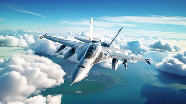 A fighter jet is flying through the sky above a cloudy backdrop