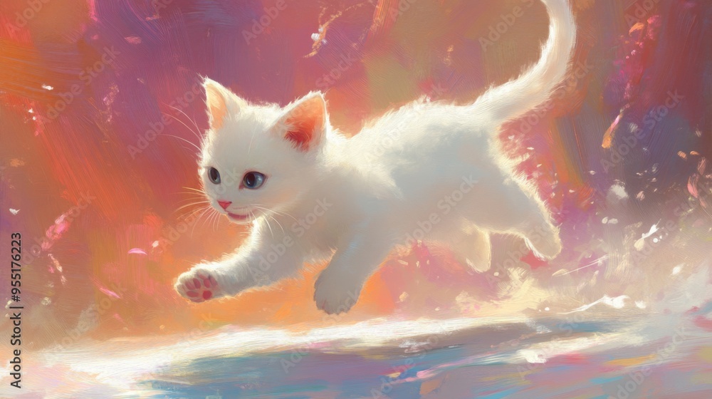 Poster a playful white kitten chasing its own tail, with a dynamic pose and bright, engaging background, il