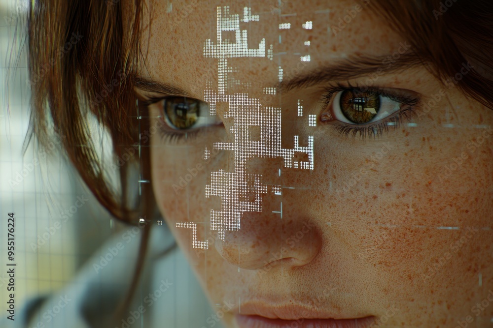 Aufkleber mind schema intellect a close up of a woman’s face with glowing digital patterns symbolizing the fus