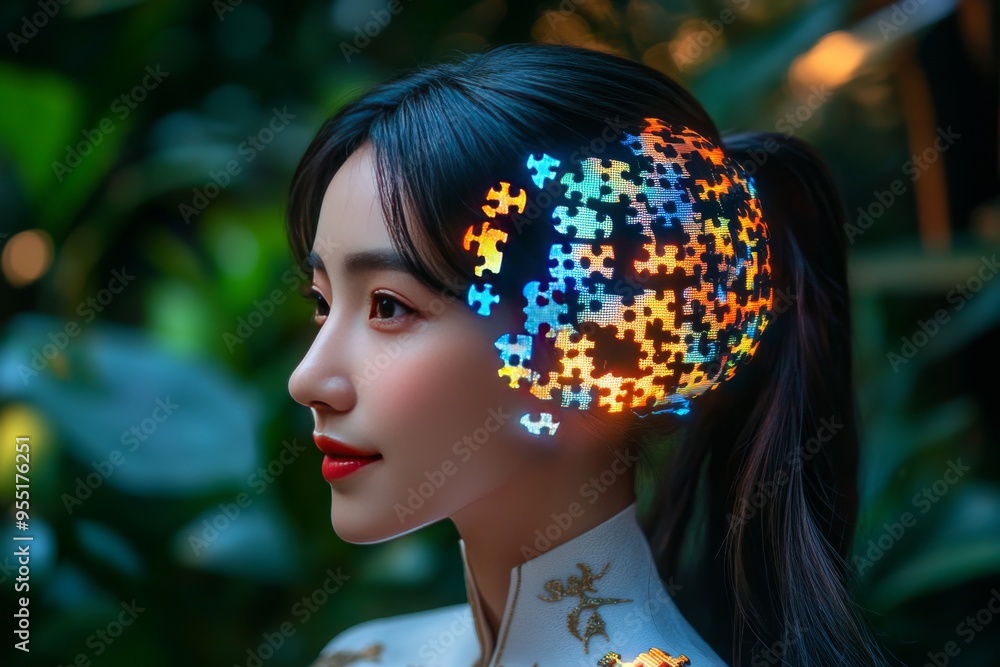 Poster thought patterns thinker a woman with a glowing puzzle brain symbolizing the complexity of thoughts 