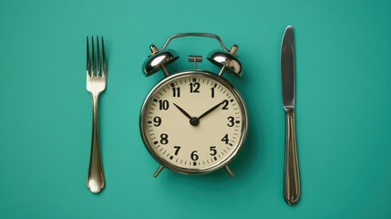 Dieting concept with alarm clock, knife and fork on isolated green background, top view angle
