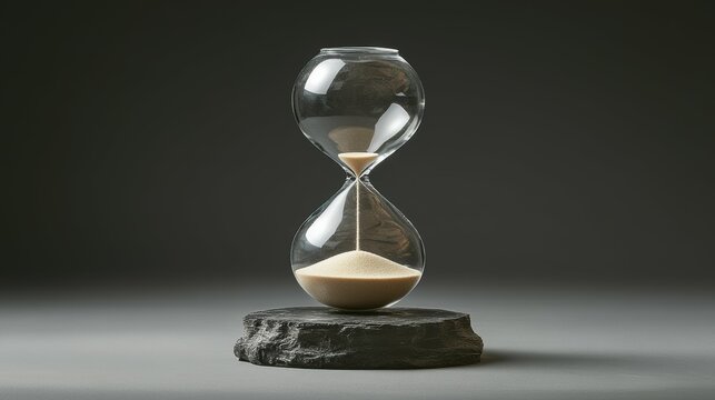 Antique hourglass suspended against a minimalist, charcoal-gray backdrop, representing the fleeting nature of time