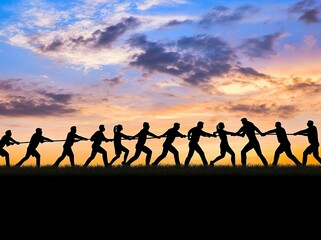 Playing tug of war as a group of people pull line.