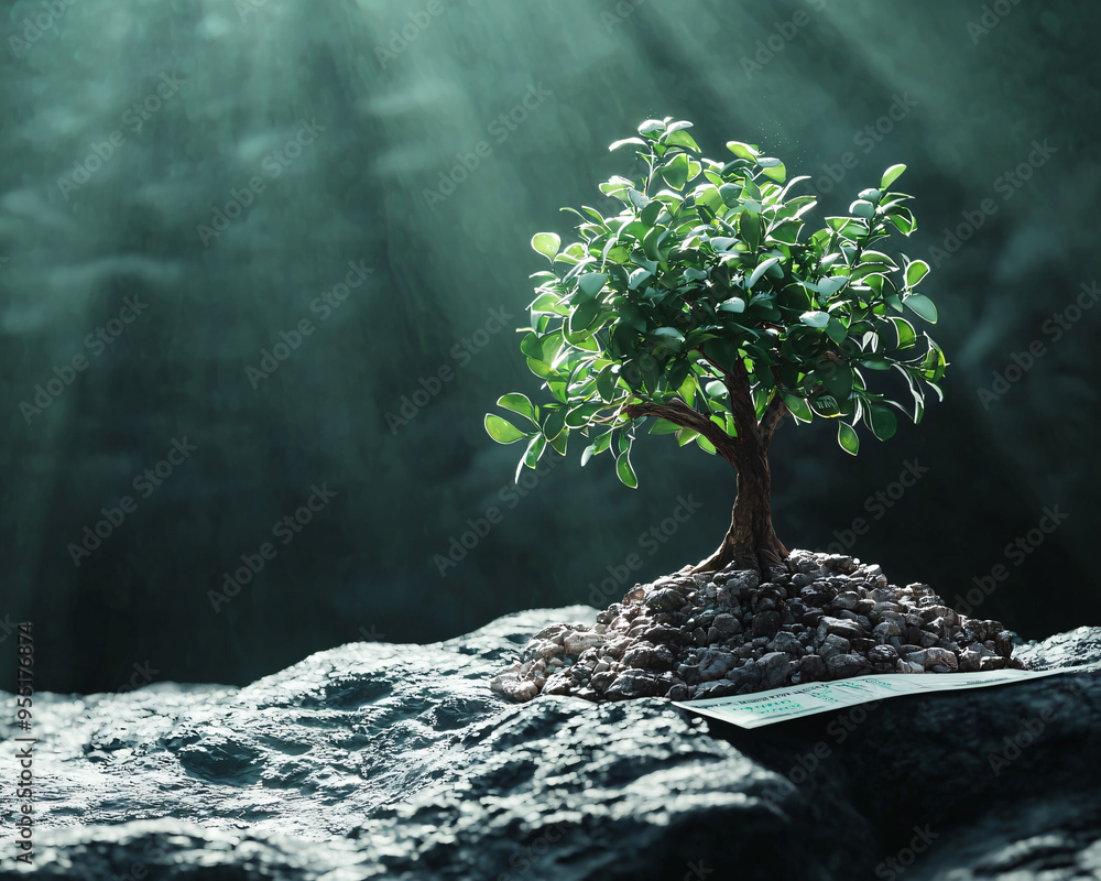 Poster a small tree grows from pile of rocks, symbolizing prosperity and growth, illuminated by soft rays o