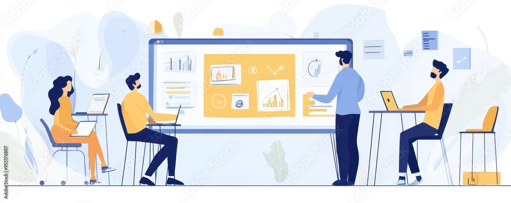 Poster illustration of a team in a modern office discussing data on a large screen during a presentation, w