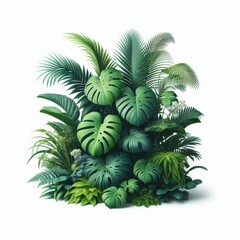 Lush green tropical plants bush (monstera, palm, rubber plant, pine and fern), cut out, прозрачный фон
