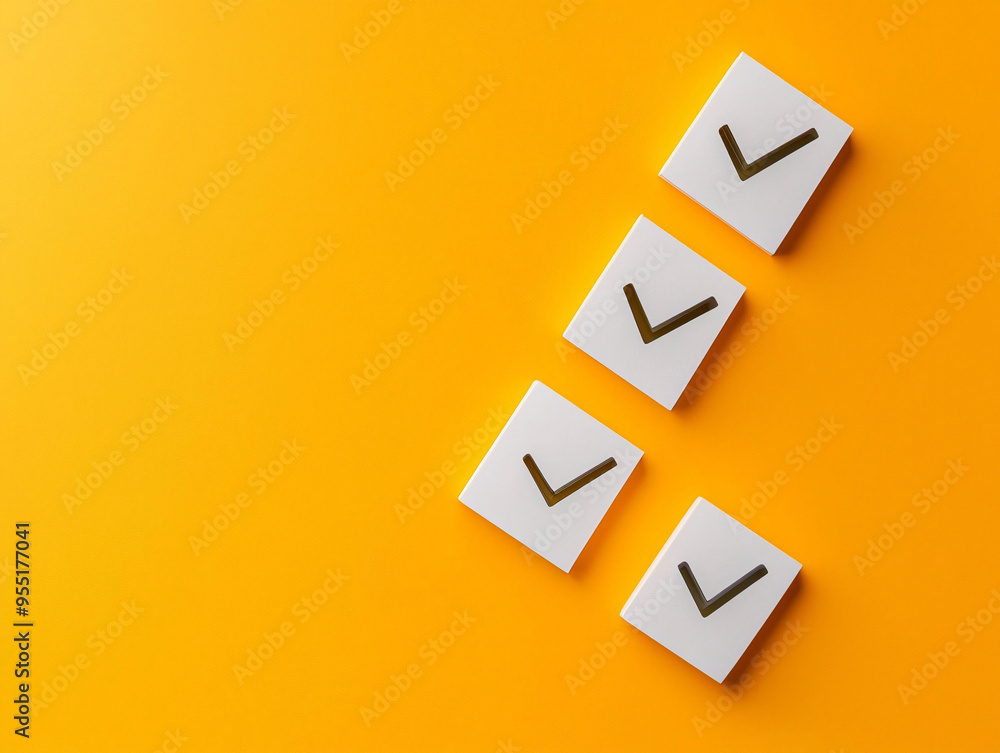 Poster checkmark boxes on vibrant yellow background symbolize completion and organization. this image conve